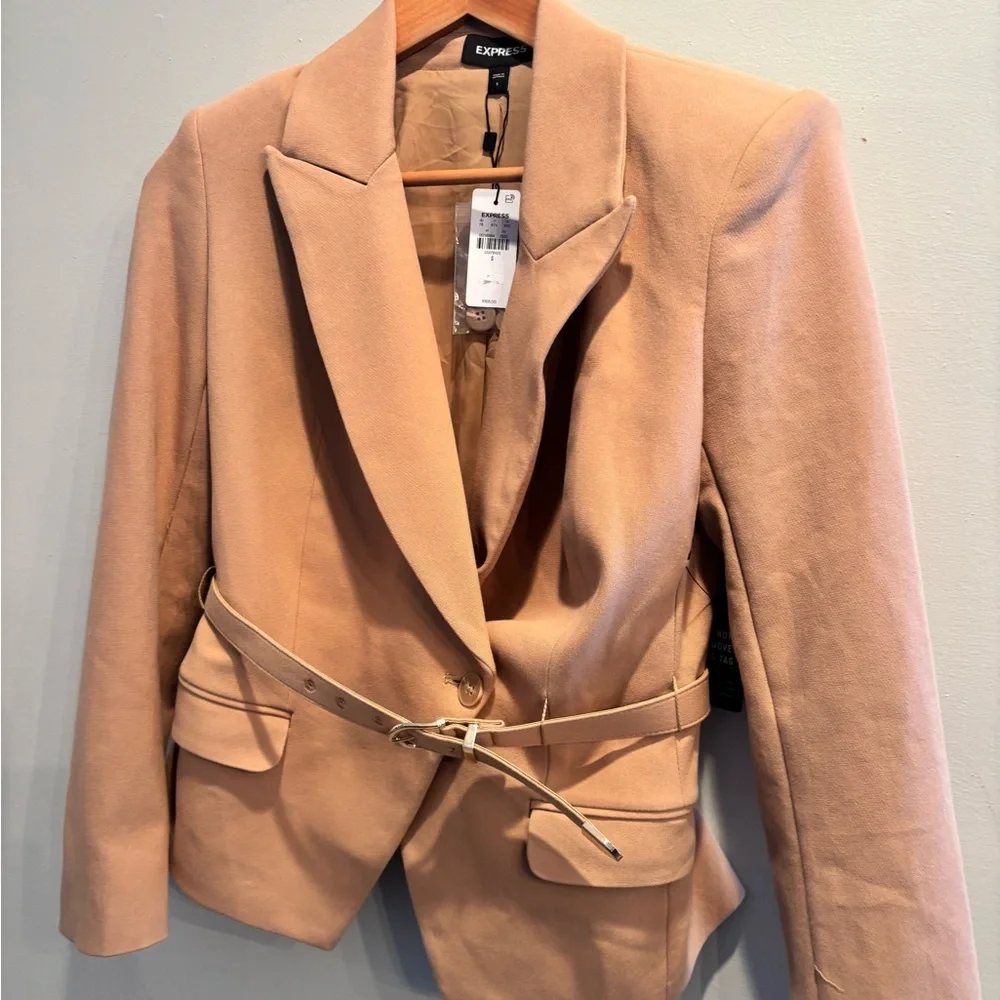 Express Tan blazer preppy double breasted office workwear neutral minimalist - Picture 10 of 16